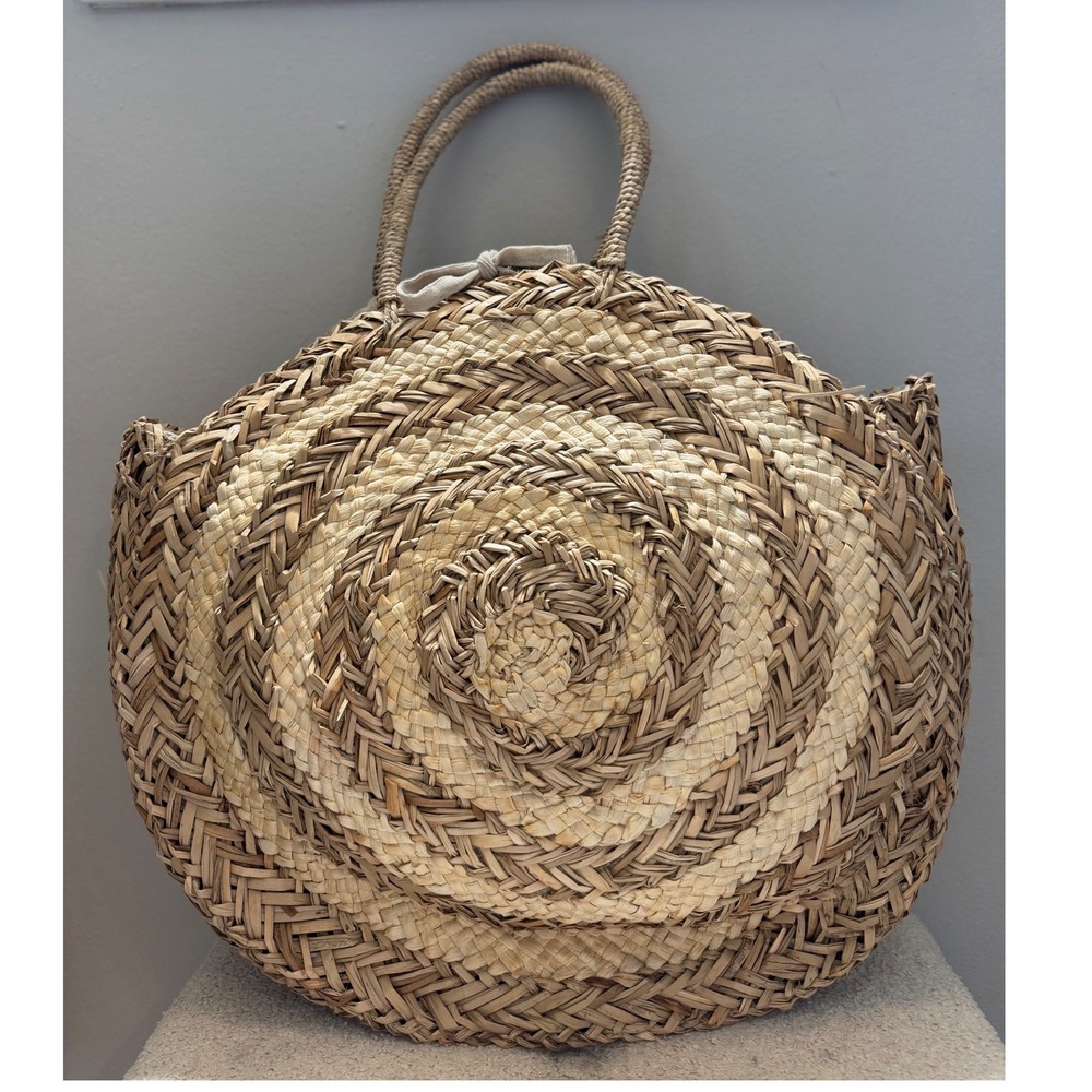 Mud Pie Oversized 22" Round Woven Straw Seagrass Beach Tote Bag Boho Coastal